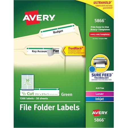 Avery File Folder Labels, TrueBlock, 1/3 Cut, 1500/BX, Green PK AVE5866